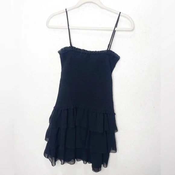 Aritzia Wilfred Arts Black Smocked Square Neck Spaghetti Strap Mini Dress Tiered - Picture 4 of 8